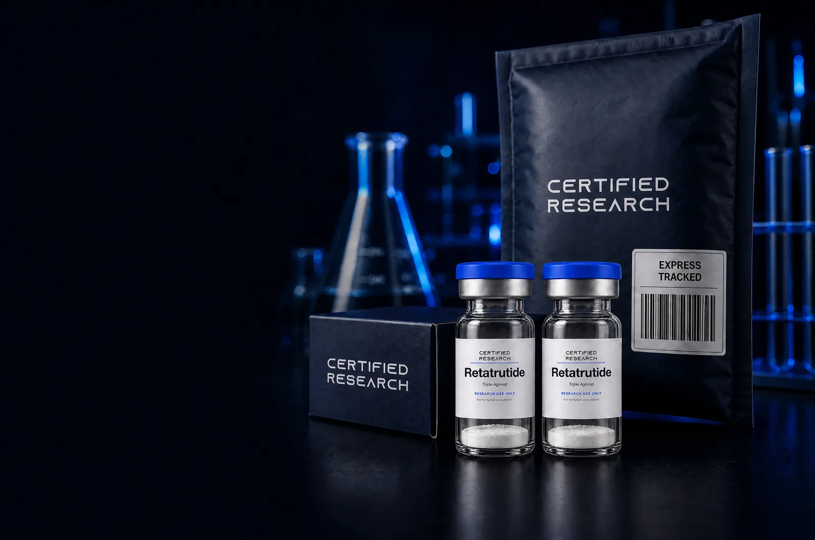 Certified Research vials in front of a product box and a padded mailer