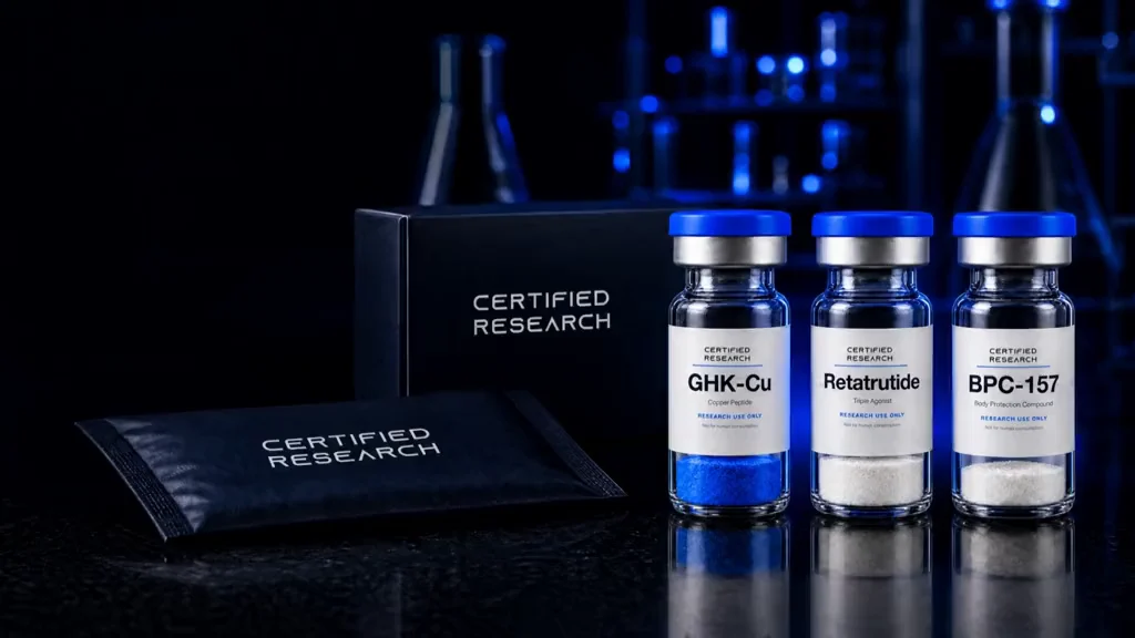 Certified Research vials with navy packaging